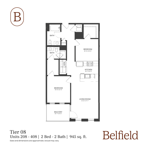 Floor plan for 2 beds, 2 baths, 945 sqft